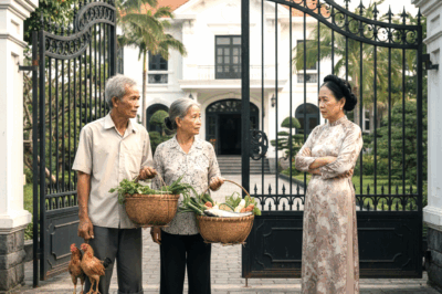 Bố mẹ đ;ẻ lặn lội từ quê đem rau sạch, trứng gà và 2 con gà mái tơ lên biếu thông gia và cho các con